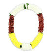 This image shows a richly detailed, U-shaped floral garland seemingly suspended against a spotless white background, its colours arranged in calm, deliberate bands. The top arc is entirely composed of tightly strung white blossoms, finely textured like tiny chrysanthemum or jasmine florets, forming a soft halo that suggests purity and blessing. As the oval descends along each side, the palette deepens into a generous sweep of maroon and reddish-brown petals, their darker tones adding depth and formality, much like the dignified mood of a farewell gathering. At the lowest curve, a broad band of lively yellow blooms completes the garland, radiating gentle warmth and offering a quiet note of hope. Here and there, small clusters of green leaves are tucked between the white and maroon, and again between the maroon and yellow, providing natural separators and a hint of garden freshness, reminiscent of the greenery found around local streets and community spaces in Upton Park. The petals across all three colour sections are densely packed, giving the garland a plush, substantial appearance while maintaining a smooth, flowing outline. It reads visually as a traditional mala or phool mala often used in South Asian and Southeast Asian rituals, perfectly suited to a funeral tribute, memorial ceremony, or spiritual observance. Crafted with the kind of care you would expect from a local expert florist in Upton Park, this garland embodies respect, cultural tradition, and a tender wish for peace, all expressed through the thoughtful balance of white, maroon, yellow, and soft green.